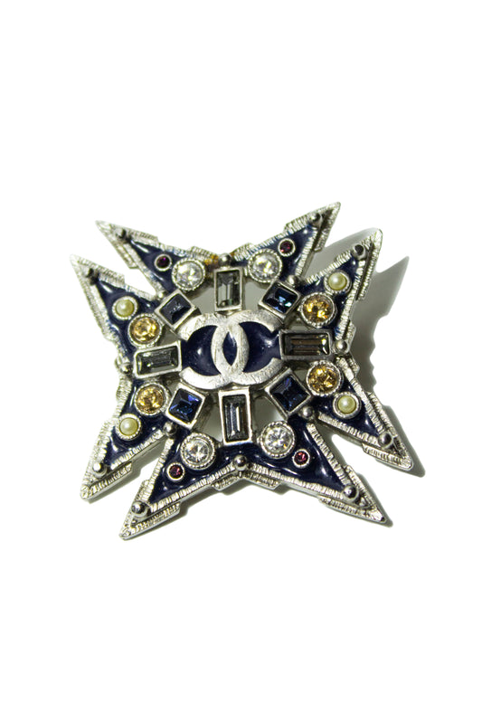 CHANEL HUGE MALTESE CROSS FAUX PEARL ENAMEL CRYSTAL BROOCH