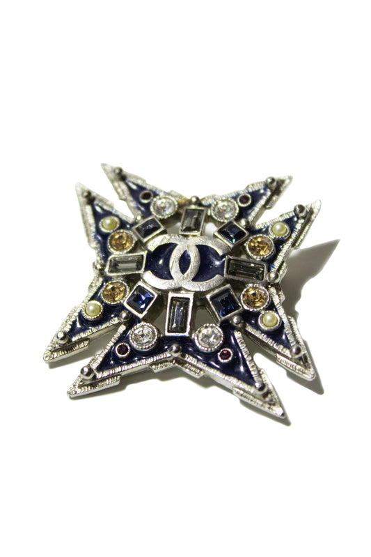 CHANEL HUGE MALTESE CROSS FAUX PEARL ENAMEL CRYSTAL BROOCH