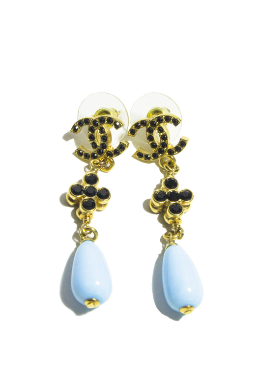 CHANEL CC BLACK CRYSTAL BLUE DROP EARRINGS