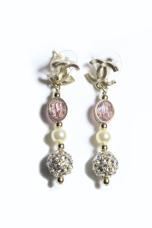 CHANEL CC ROSE CRYSTAL BALL LONG EARRINGS